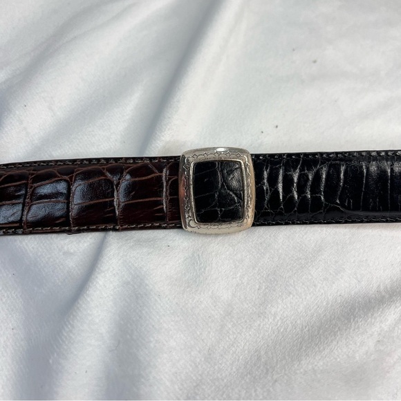 Vintage BRIGHTON Black Brown Belt Stacked Leather Engraved Buckle Adjustable Lg - Picture 3 of 9